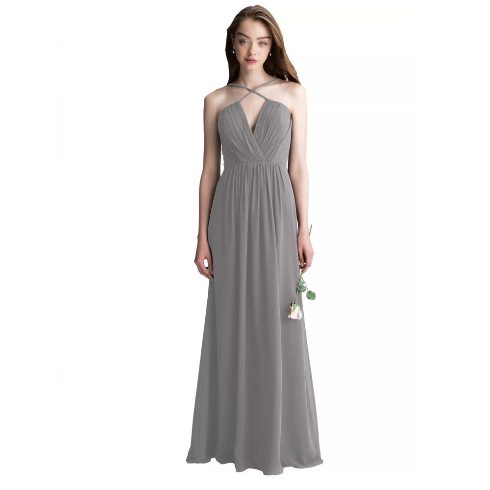 NWT Bill Levkoff Desert Grey Chiffon V-neck A-line Dress Size 12
